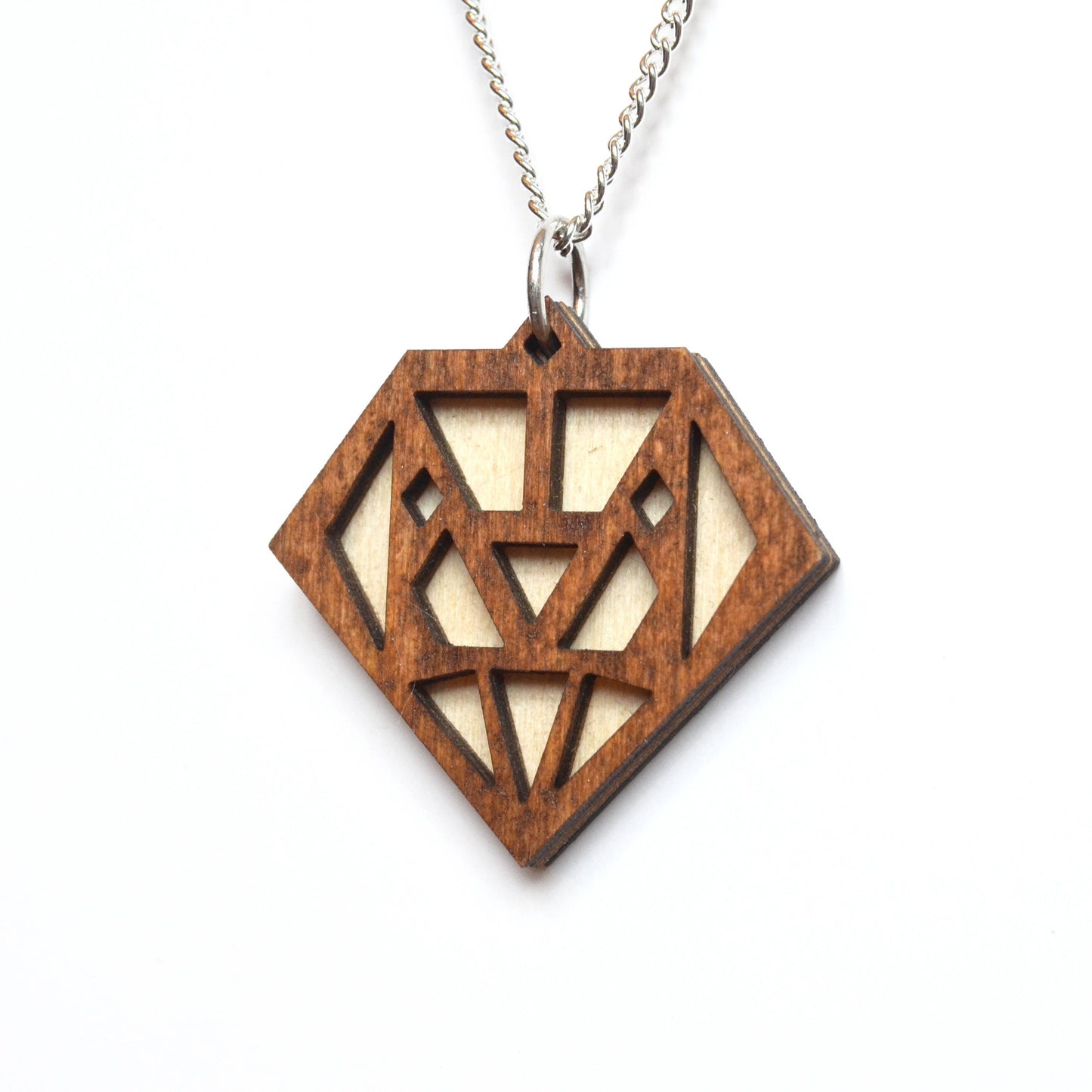 Hand Painted Wooden Art Deco Geometric Diamond Laser Cut Necklace - Small Style Design 3