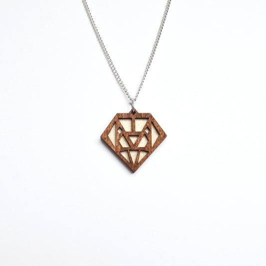 Hand Painted Wooden Art Deco Geometric Diamond Laser Cut Necklace - Small Style Design 3