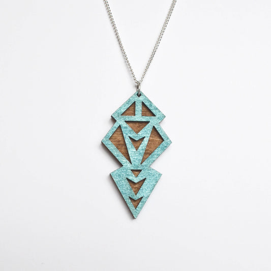 Hand Painted Wooden Art Deco Geometric Laser Cut Necklace - Large Style Design 1