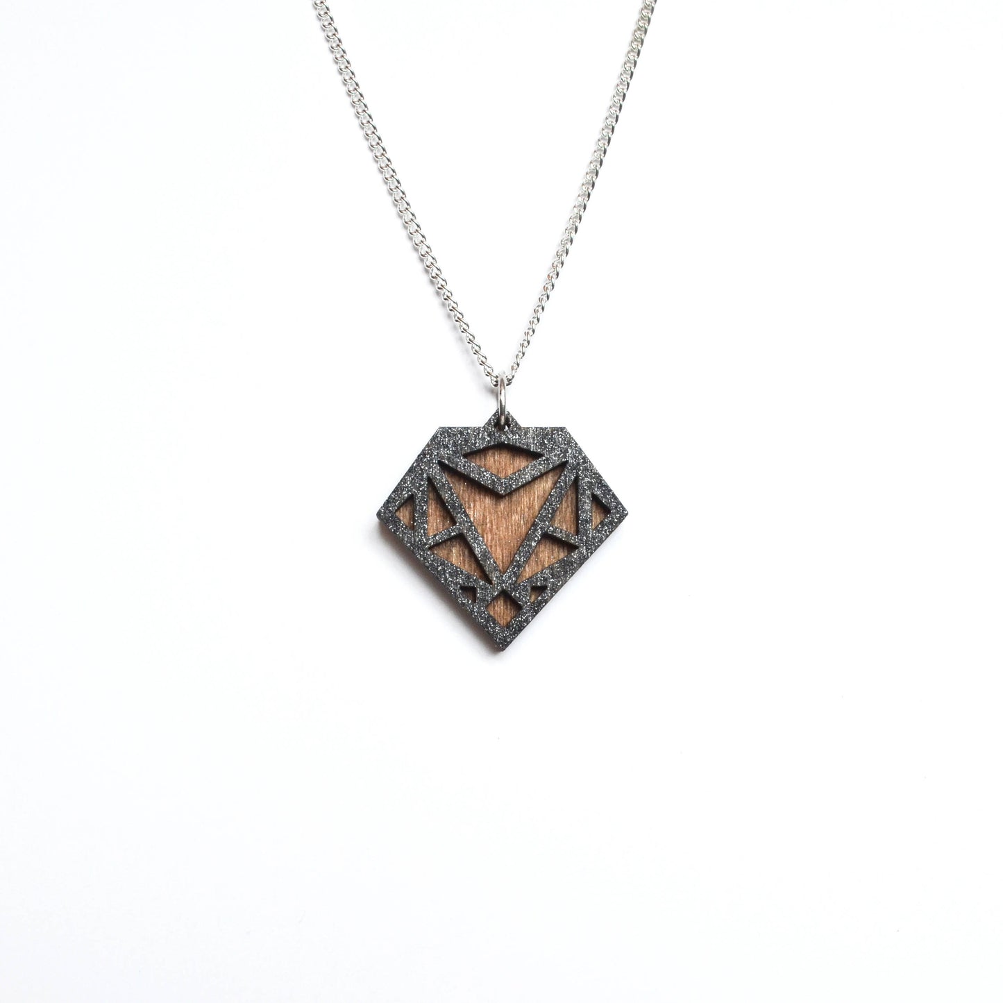 Hand Painted Wooden Diamond Art Deco Geometric Laser Cut Necklace - Small Style Design 1