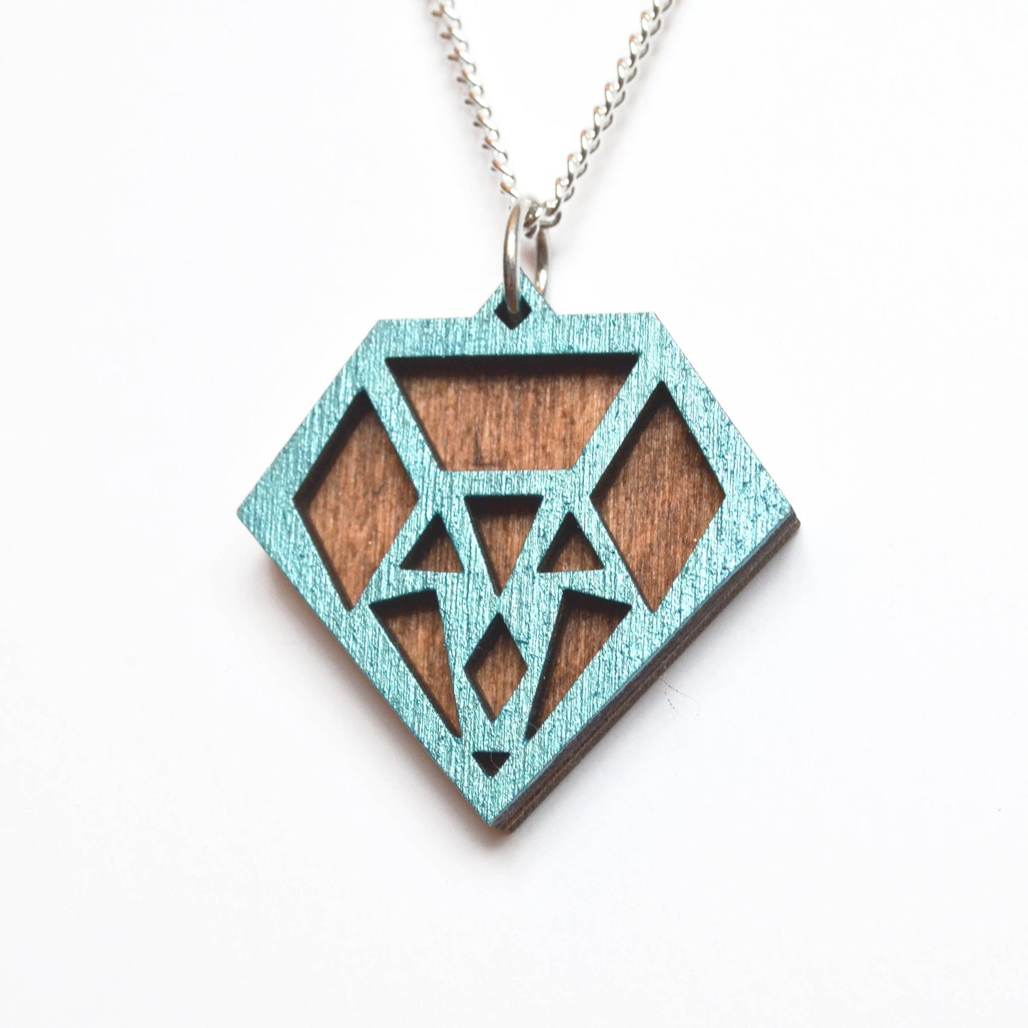 Hand Painted Wooden Diamond Art Deco Geometric Laser Cut Necklace - Small Style Design 2
