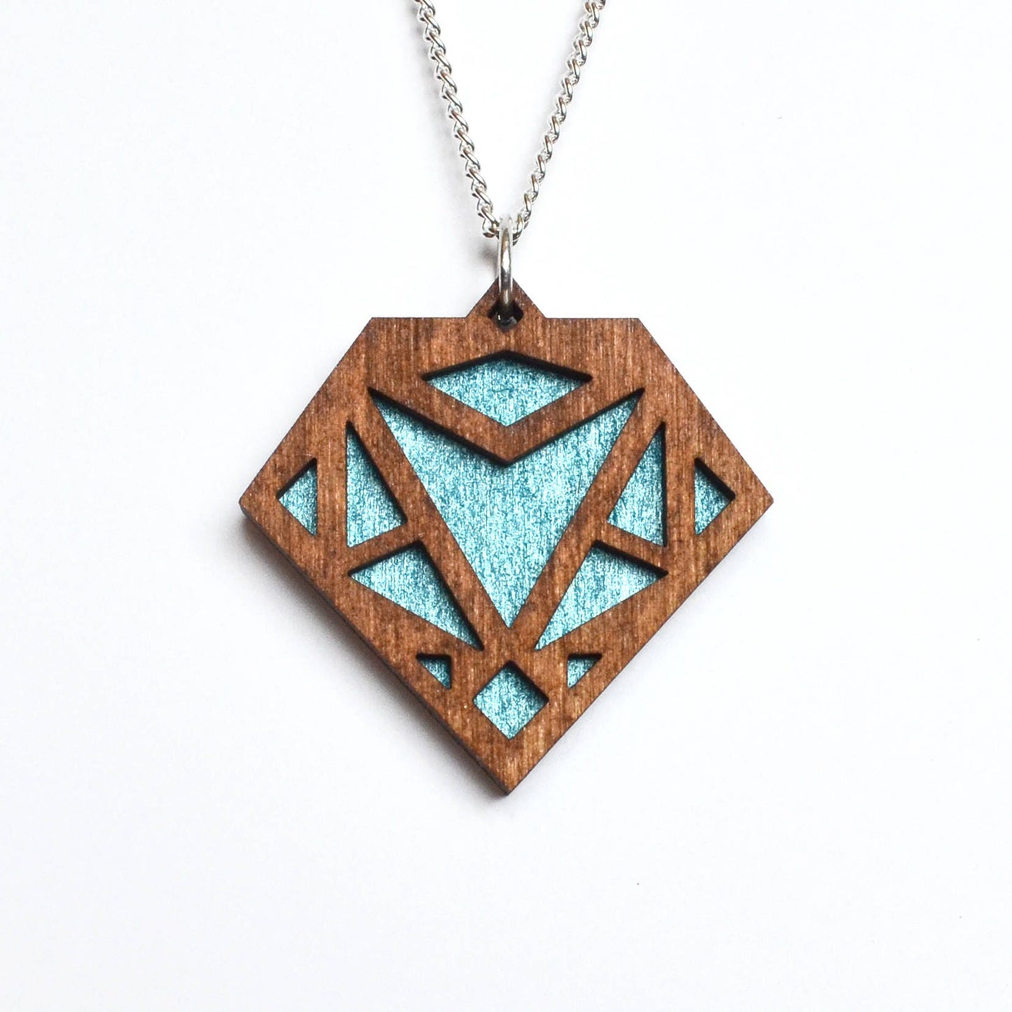 Hand Painted Wooden Art Deco Geometric Diamond Laser Cut Necklace - Medium Style Design 2