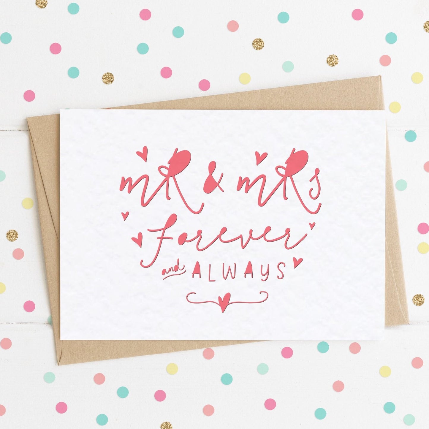 A Fairytale Love Card surrounded by cute red hearts with the message "Mr & Mrs Forever and Always" that is shaped like a heart.