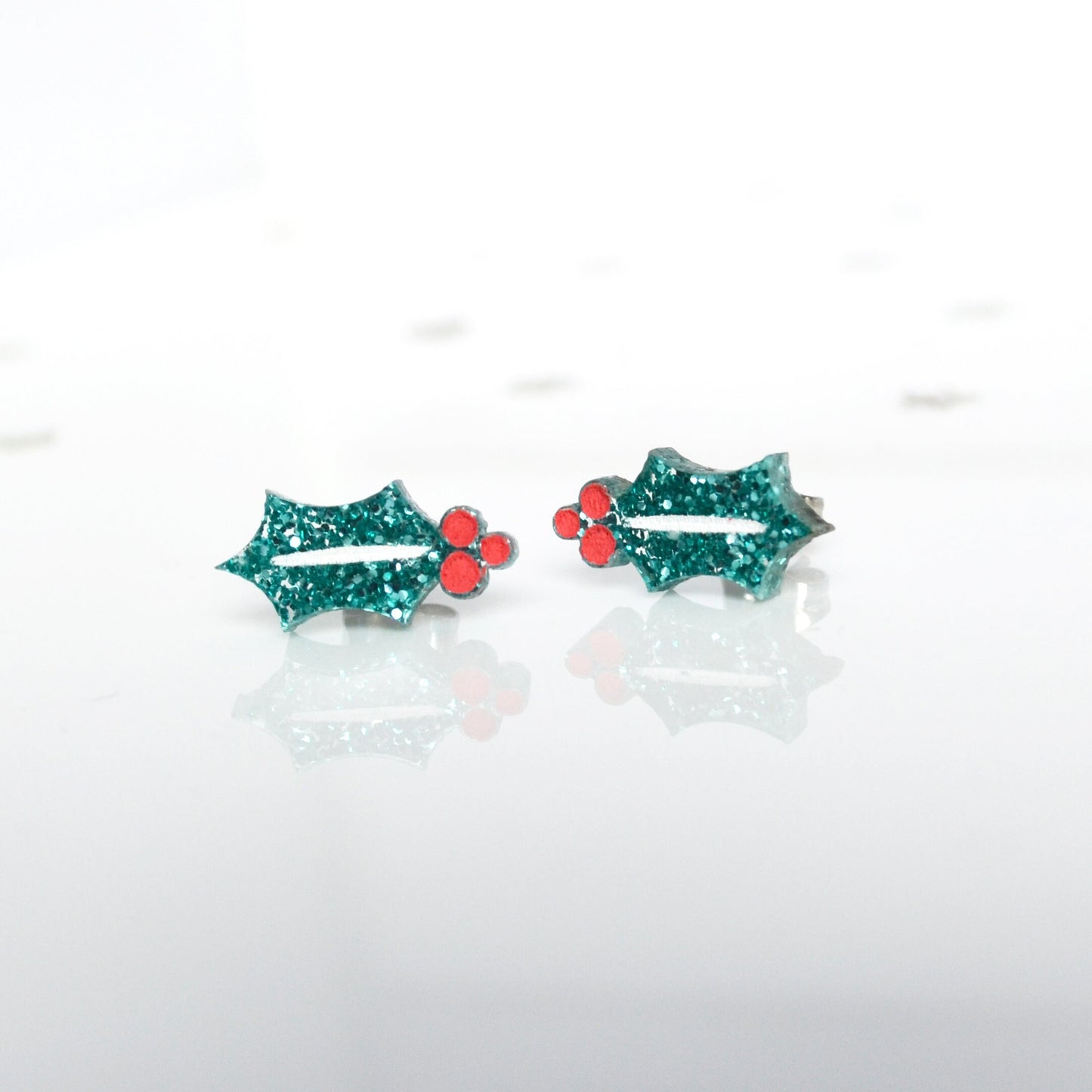 Hand-painted Christmas Glitter Holly Stud Earrings