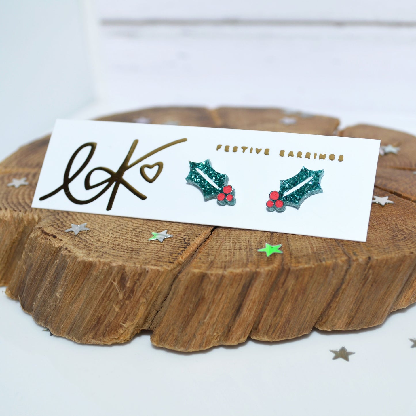 Hand-painted Christmas Glitter Holly Stud Earrings