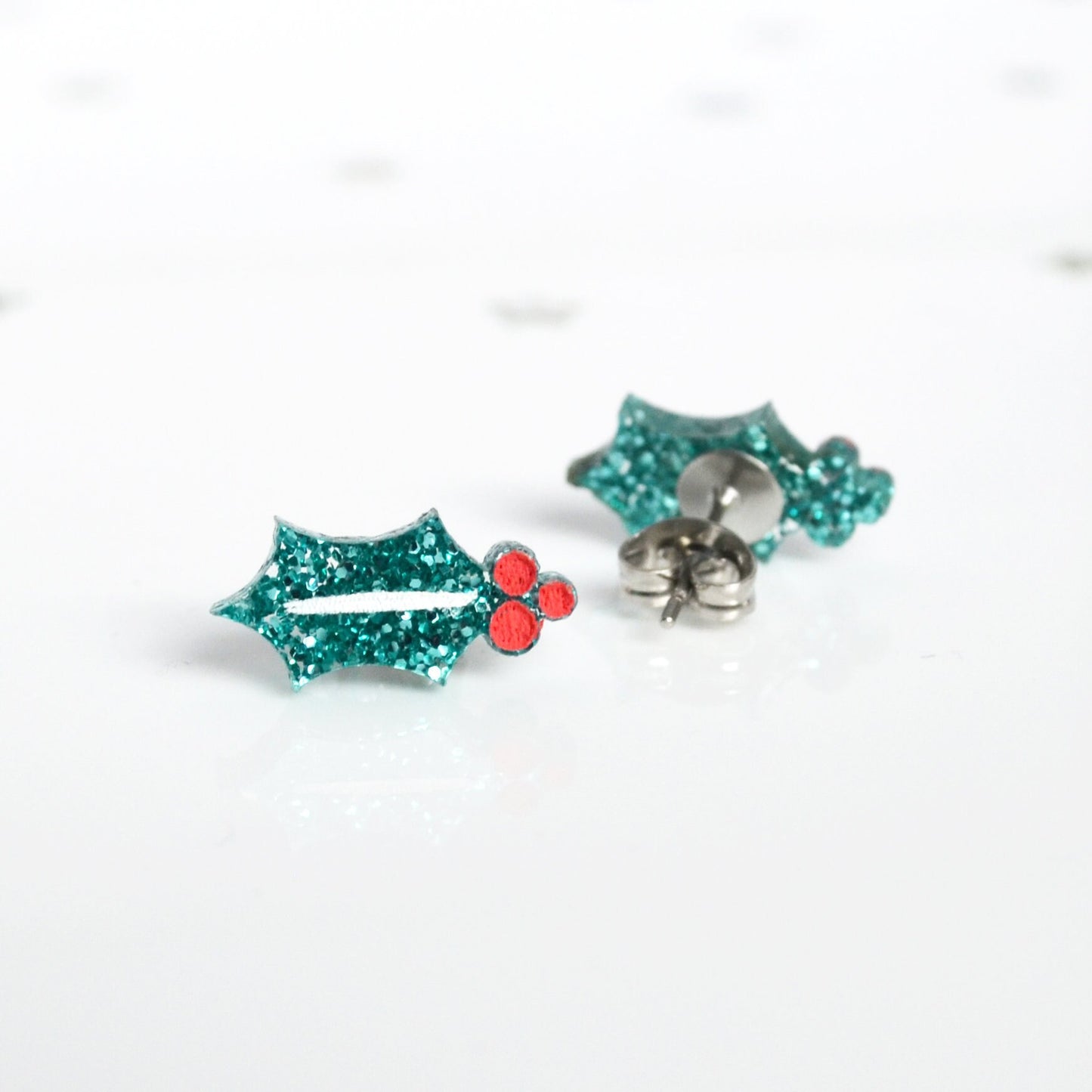 Hand-painted Christmas Glitter Holly Stud Earrings