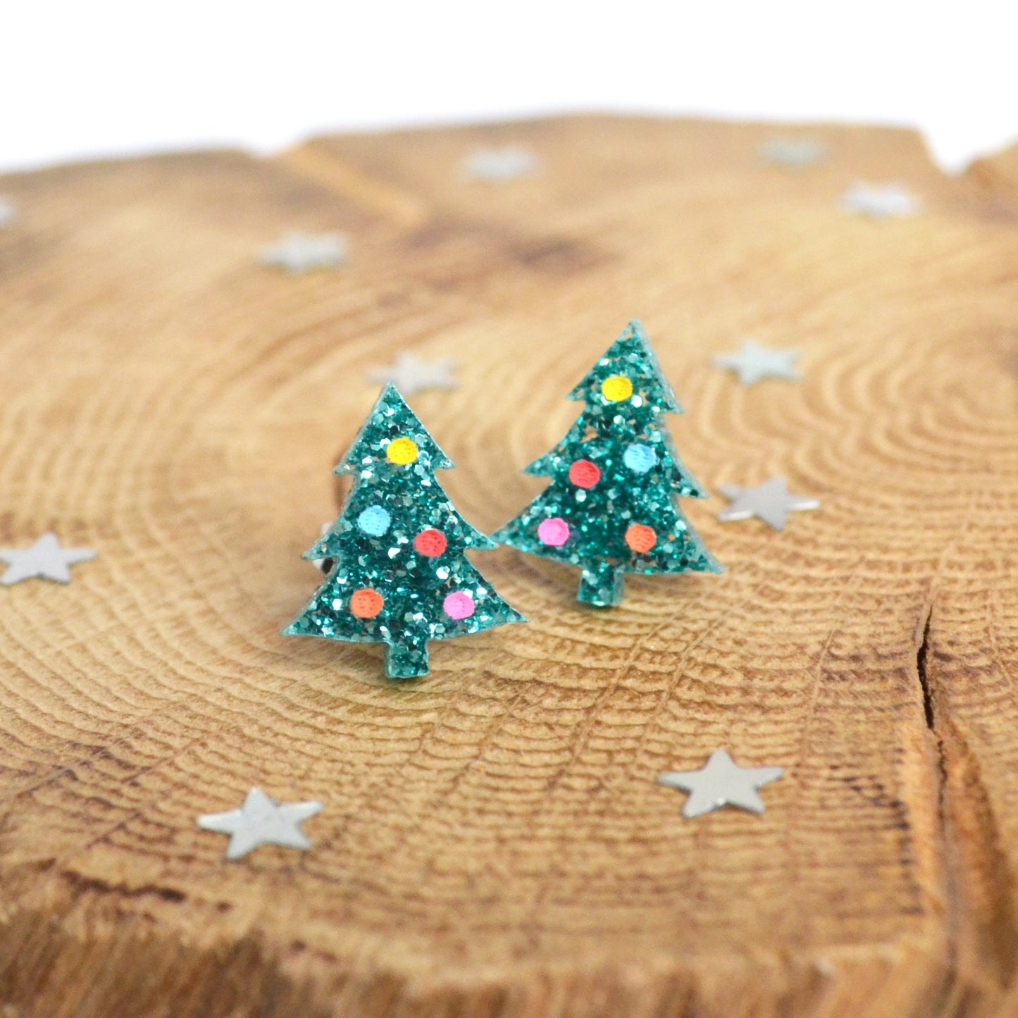 Hand-painted Green Glitter Christmas Tree Stud Earrings
