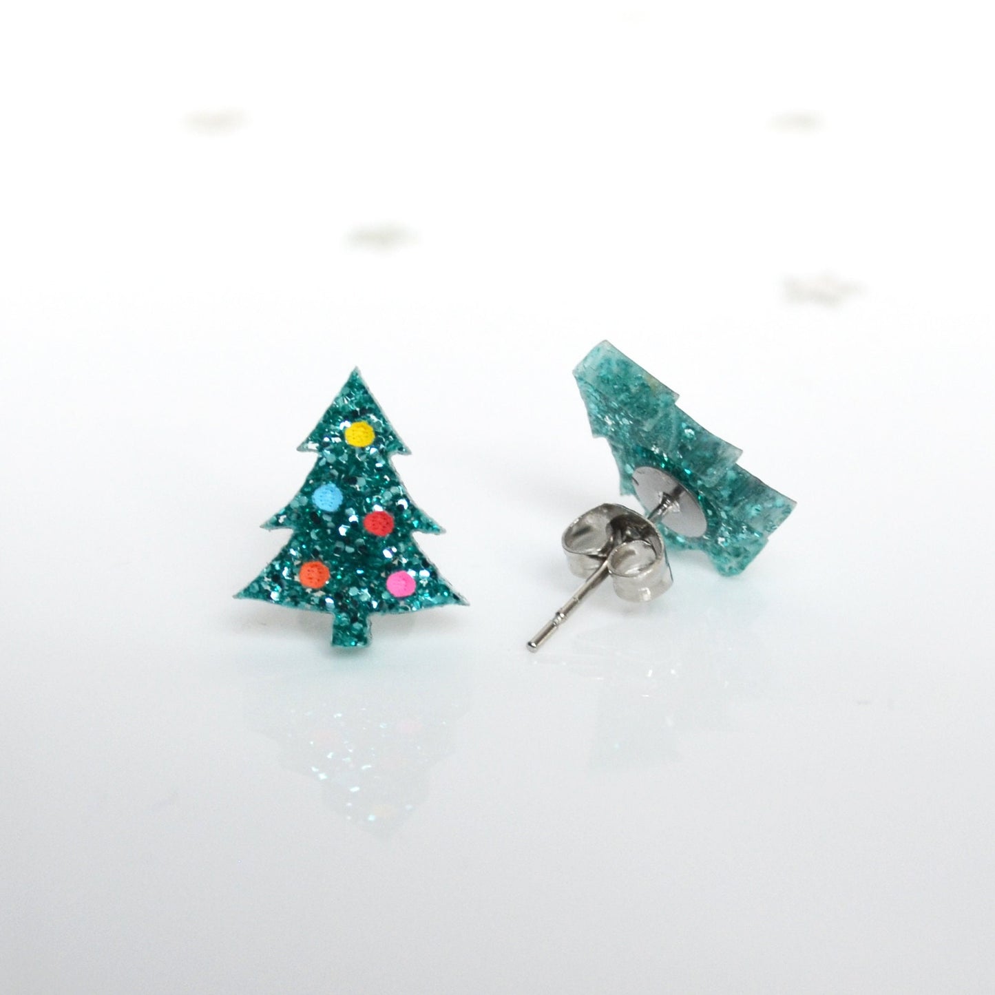 Hand-painted Green Glitter Christmas Tree Stud Earrings