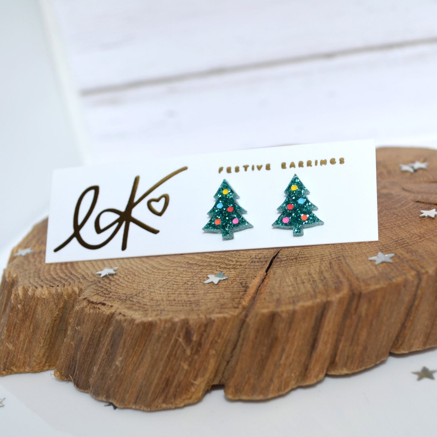 Hand-painted Green Glitter Christmas Tree Stud Earrings