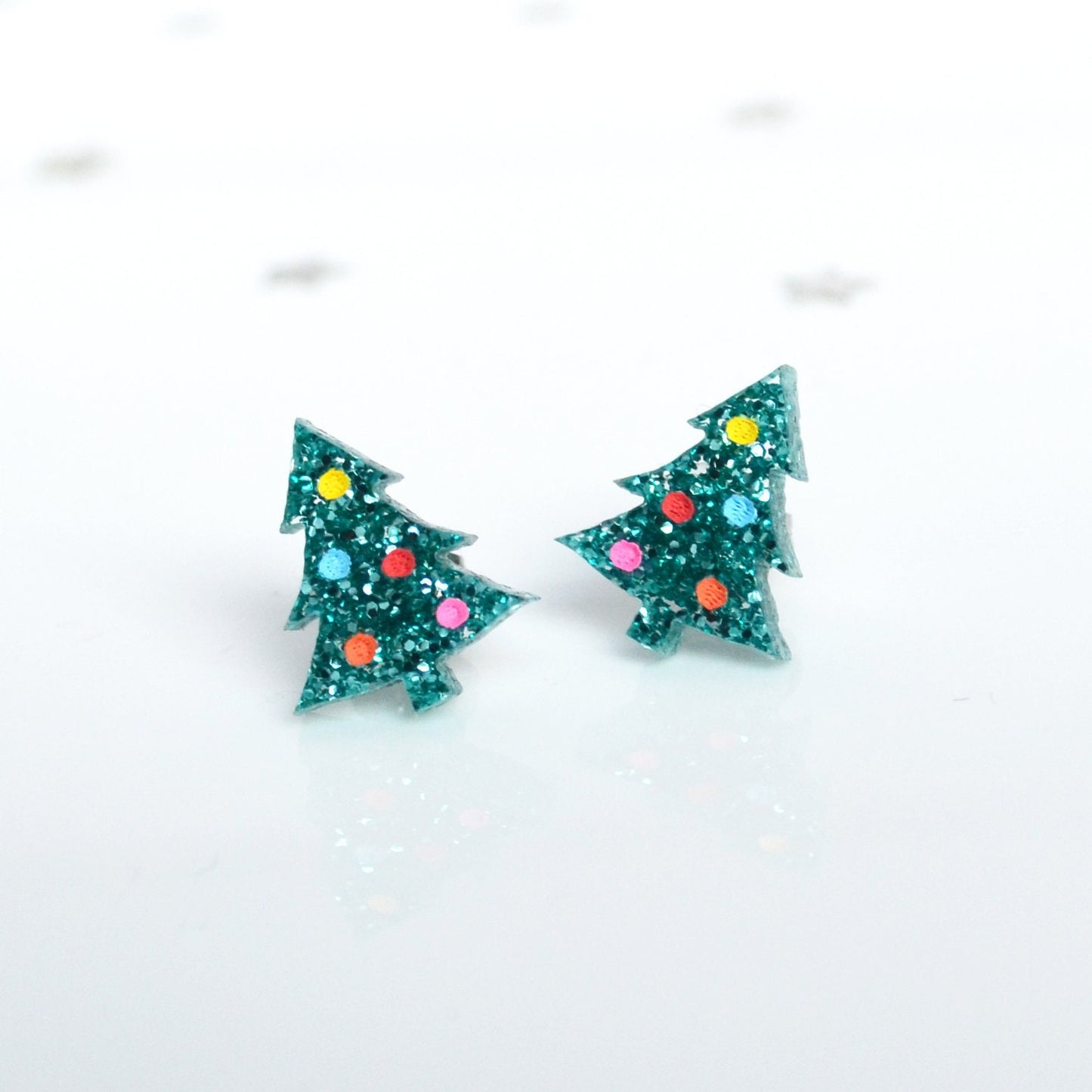 Hand-painted Green Glitter Christmas Tree Stud Earrings
