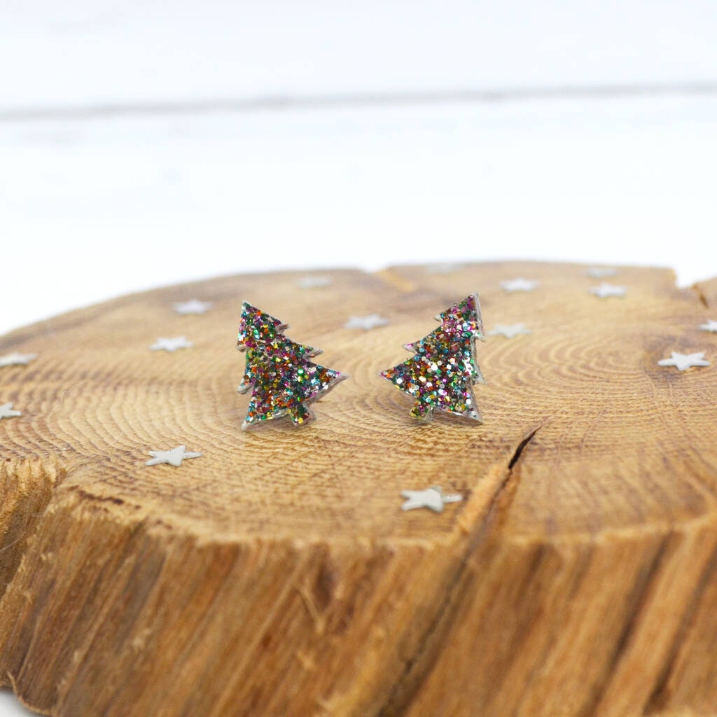 Rainbow Christmas Tree Stud Earrings