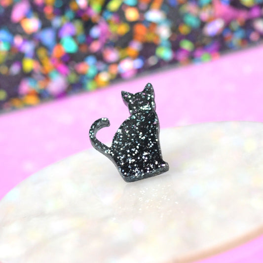 Black Glitter Acrylic Kitty Cat Brooch