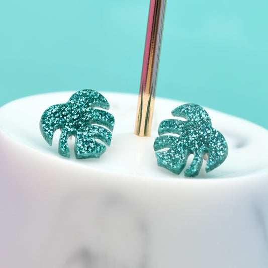 Glitter Acrylic Monstera Leaf Earring Studs