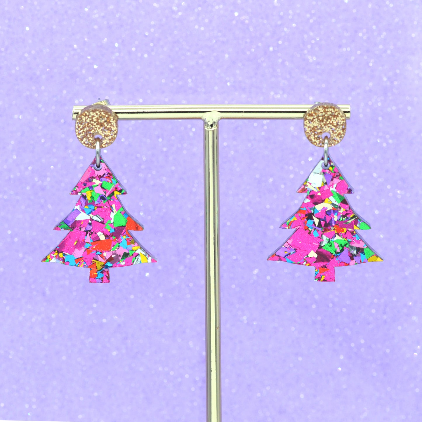 Pink Rainbow Festive Confetti Acrylic Christmas Tree Dangle Earrings