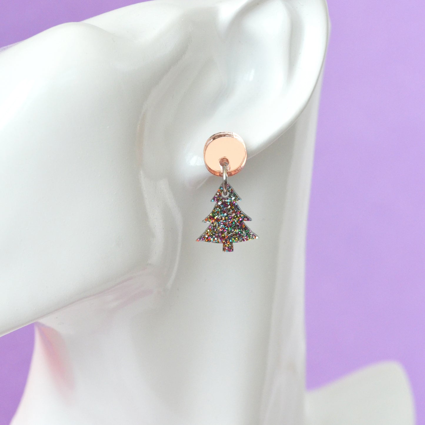 Festive Glitter & Mirror Acrylic Christmas Tree Charm Dangle Earrings