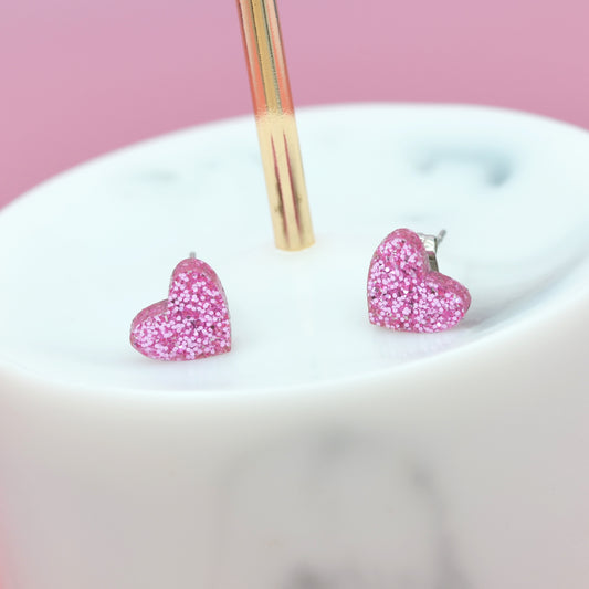 NEW Mini Bubblegum Pink Glitter Love Heart Earrings Studs