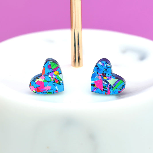 Blue Rainbow Festival Confetti Acrylic Heart Stud Earrings