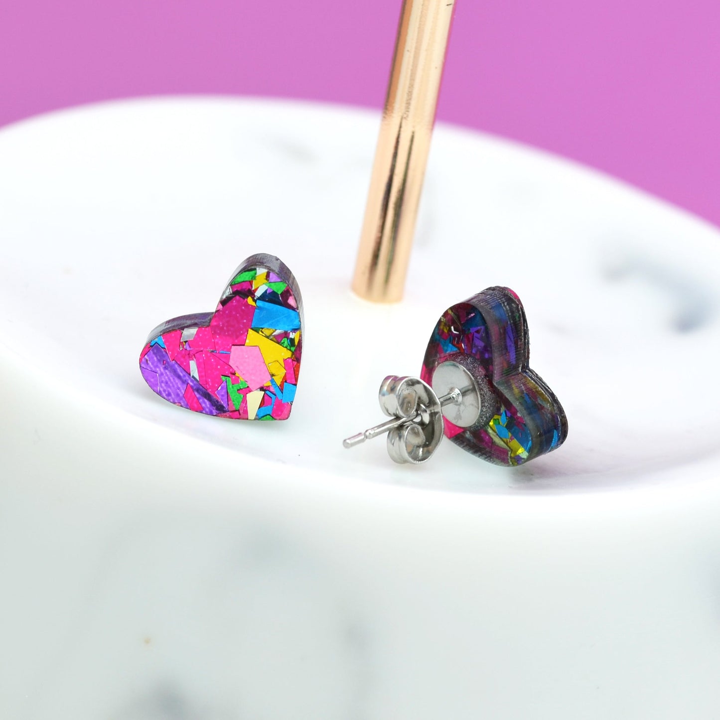 Pink Rainbow Festival Confetti Acrylic Heart Stud Earrings
