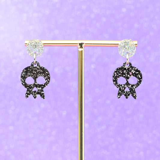 Black & Silver Hologram Glitter Acrylic Skull Dangle Earrings