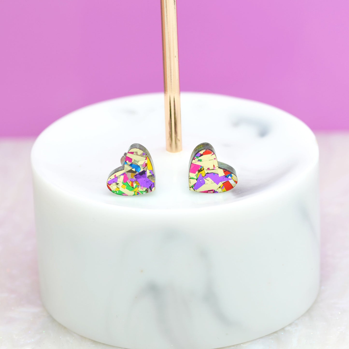 Gold Rainbow Festival Confetti Acrylic Heart Stud Earrings