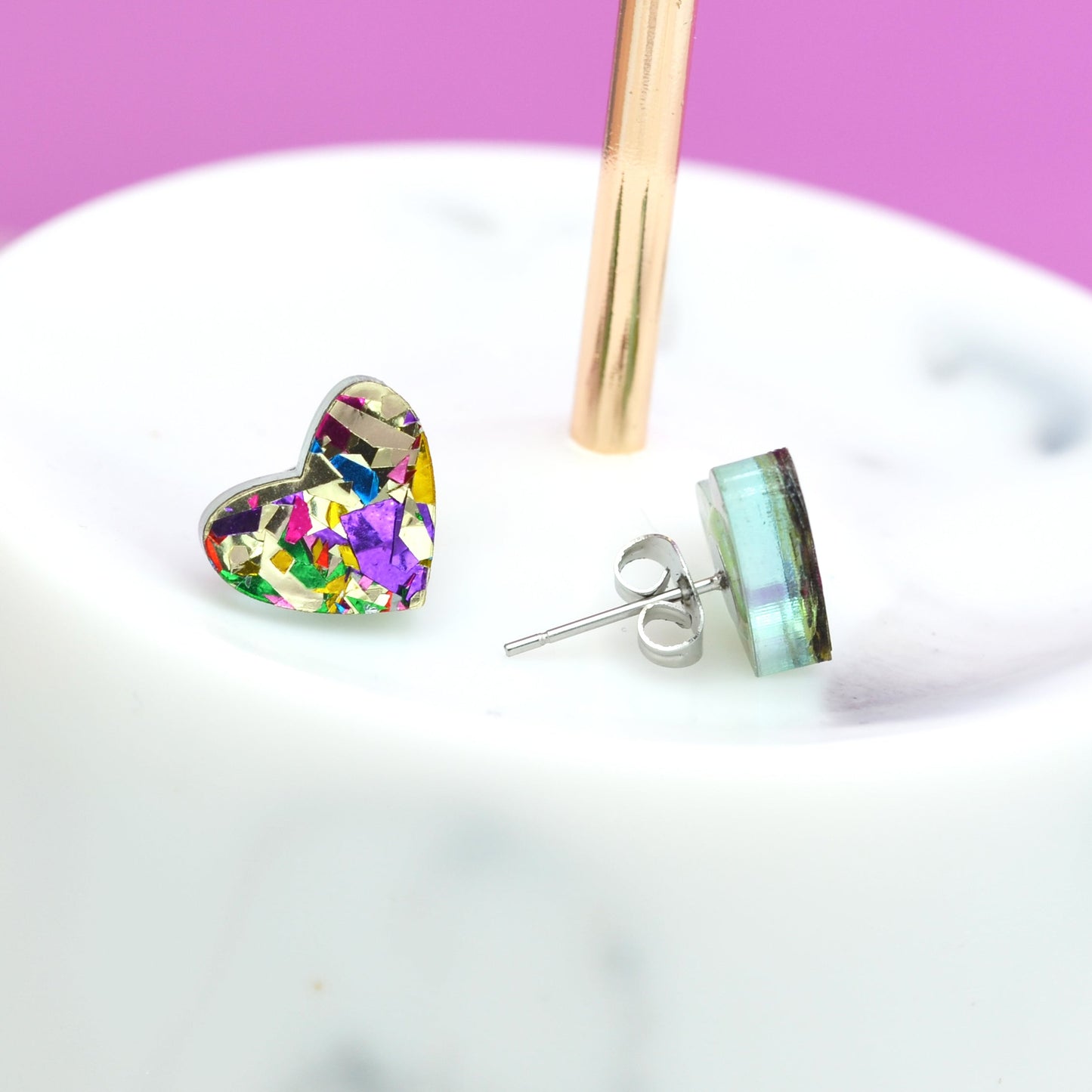 Gold Rainbow Festival Confetti Acrylic Heart Stud Earrings