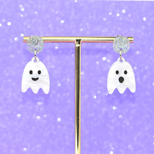 White Marble Glitter Acrylic Cute Ghost Dangle Earrings