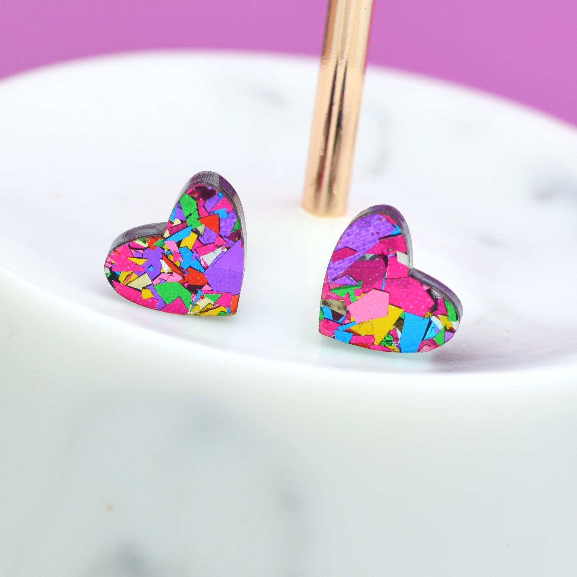 Pink Confetti Heart Studs