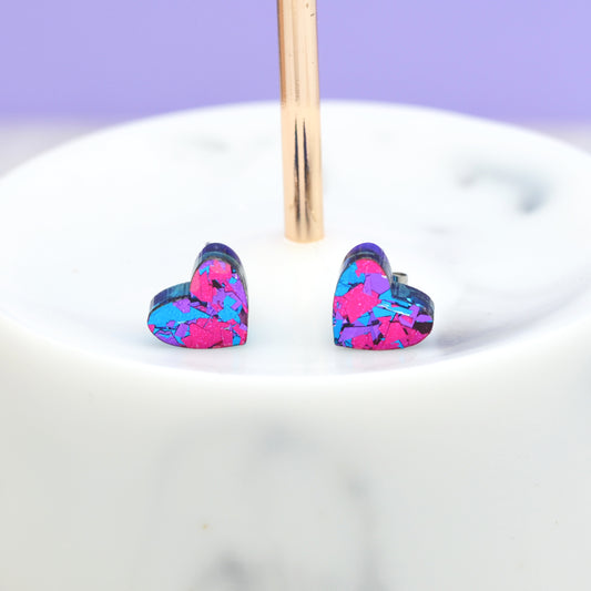 Mini Purple Rainbow Festival Confetti Acrylic Heart Stud Earrings