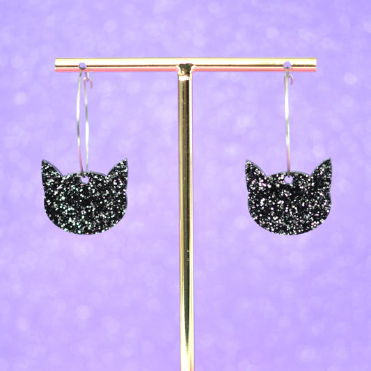 Black Glitter Acrylic Kitty Cat Dangle Hoop Earrings