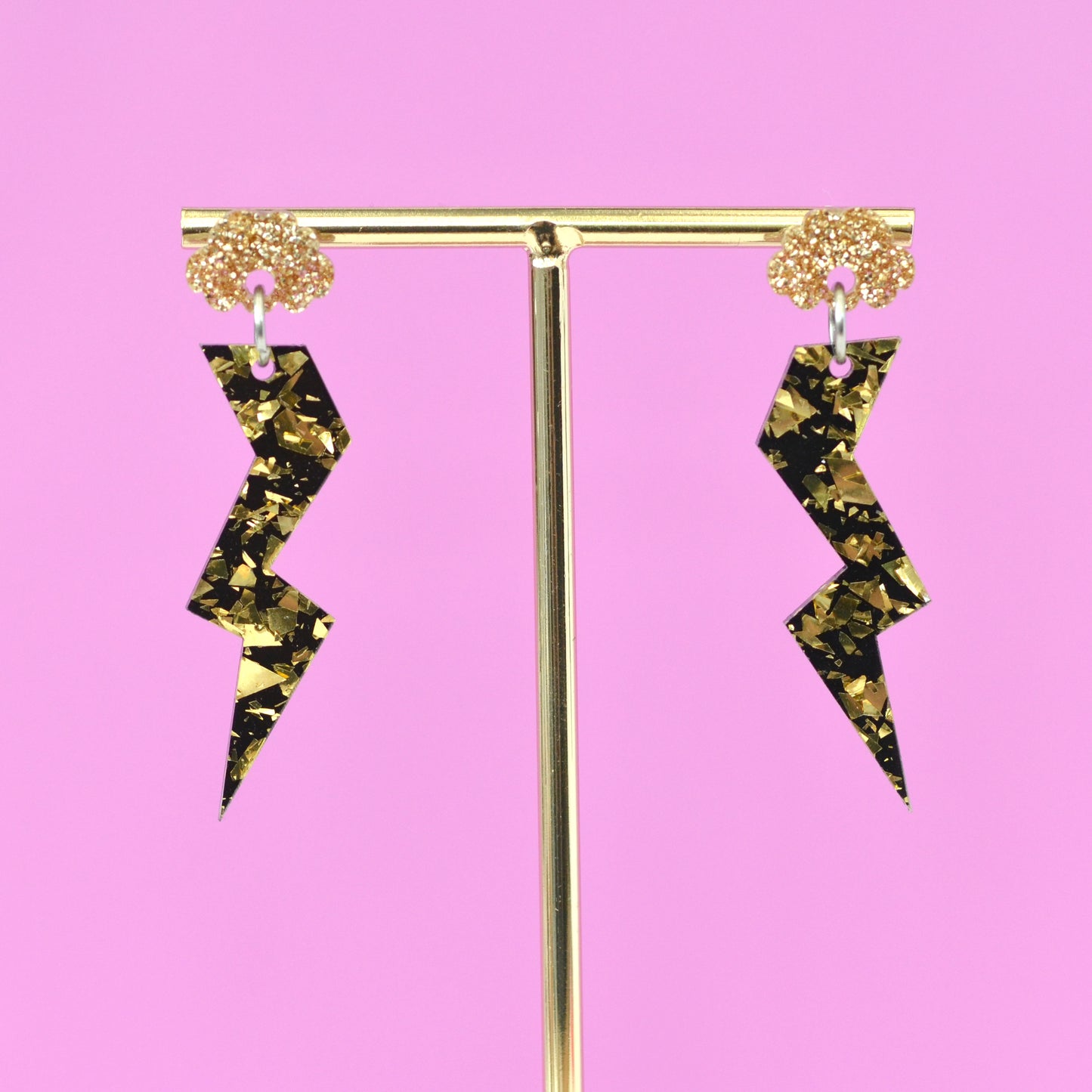 Gold Disco Confetti & Gold Glitter Acrylic Stormy Cloud Lightning Bolt Dangle Earrings