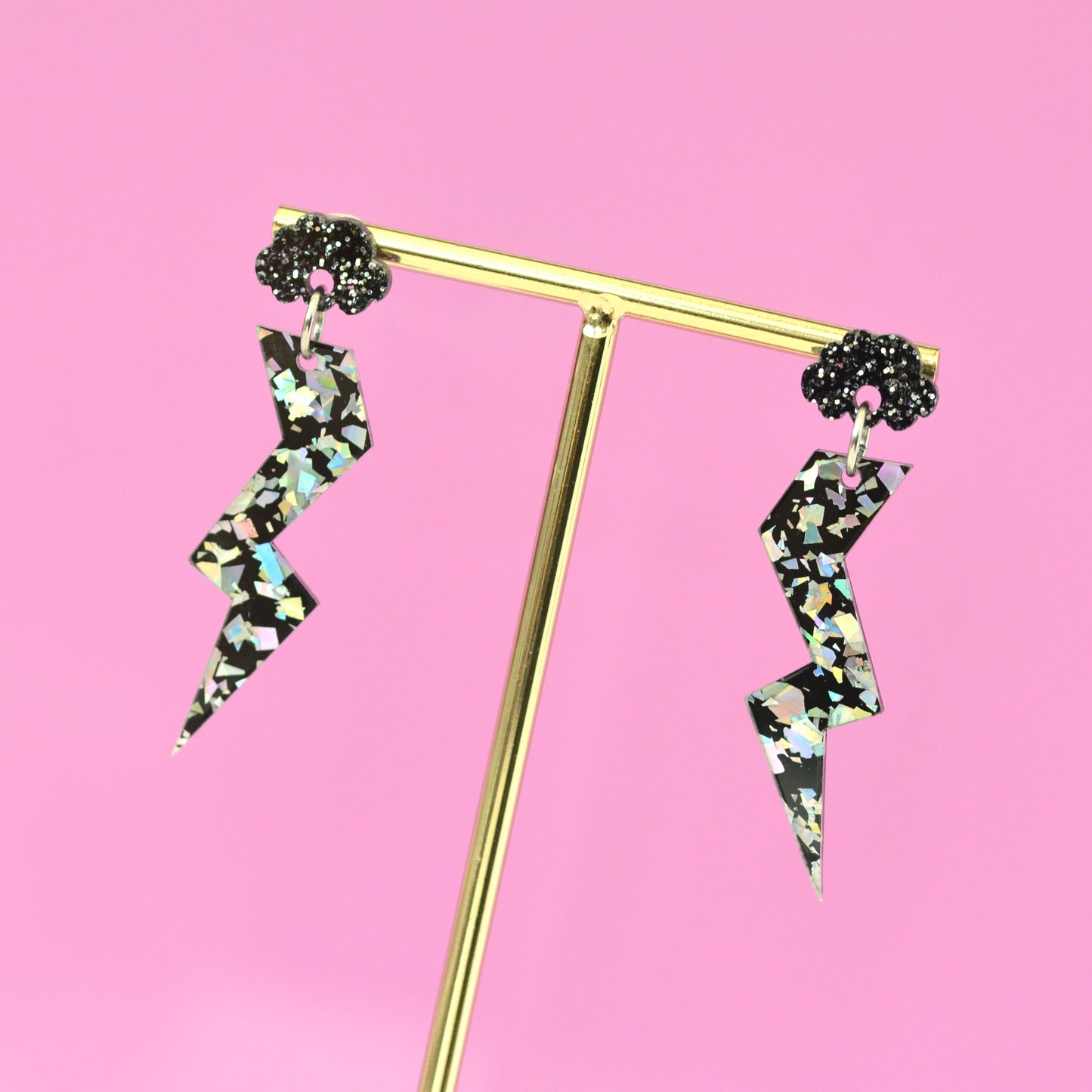 Silver Hologram Disco Confetti & Silver Glitter Acrylic Stormy Cloud Lightning Bolt Dangle Earrings