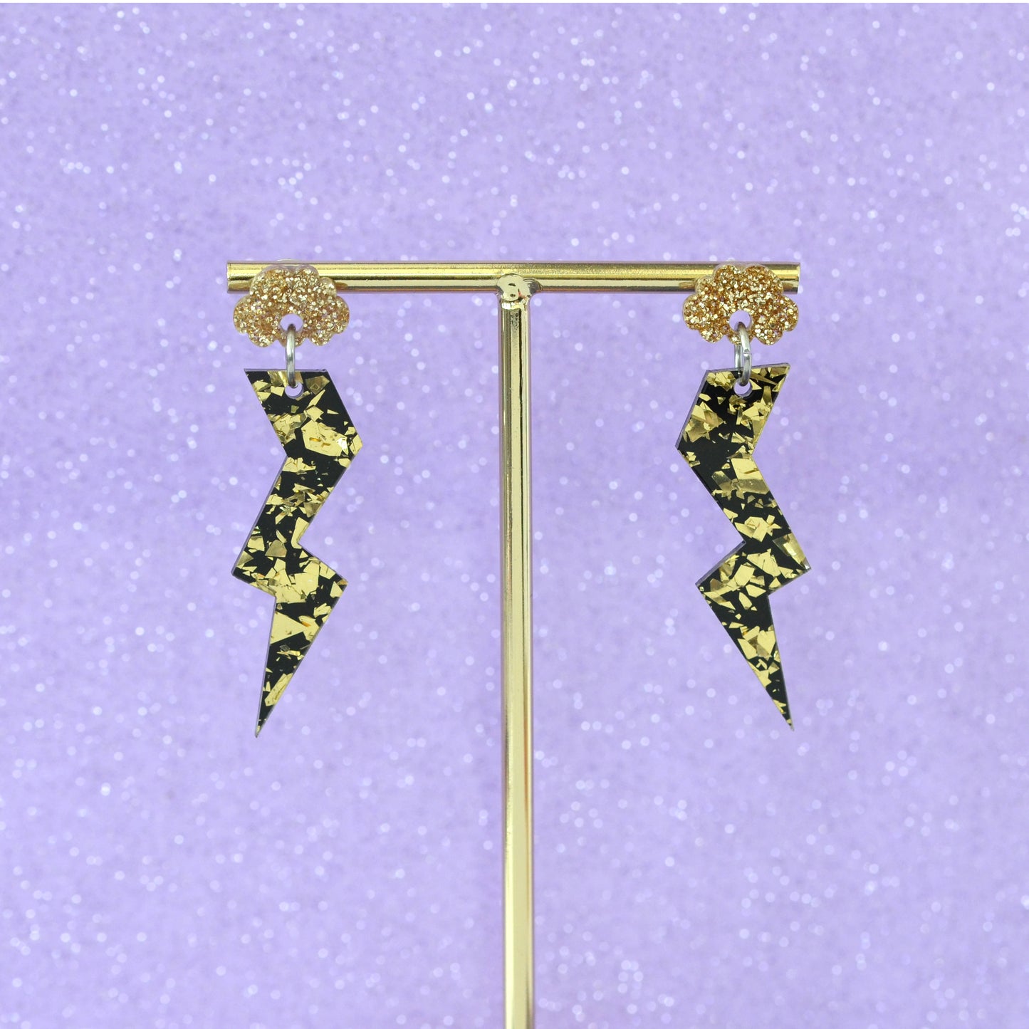Gold Disco Confetti & Gold Glitter Acrylic Stormy Cloud Lightning Bolt Dangle Earrings