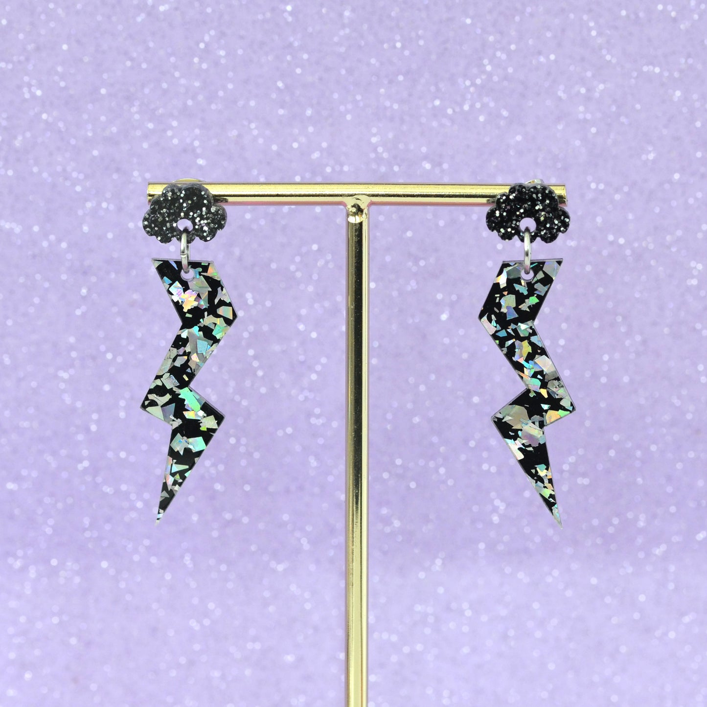 Silver Hologram Disco Confetti & Silver Glitter Acrylic Stormy Cloud Lightning Bolt Dangle Earrings