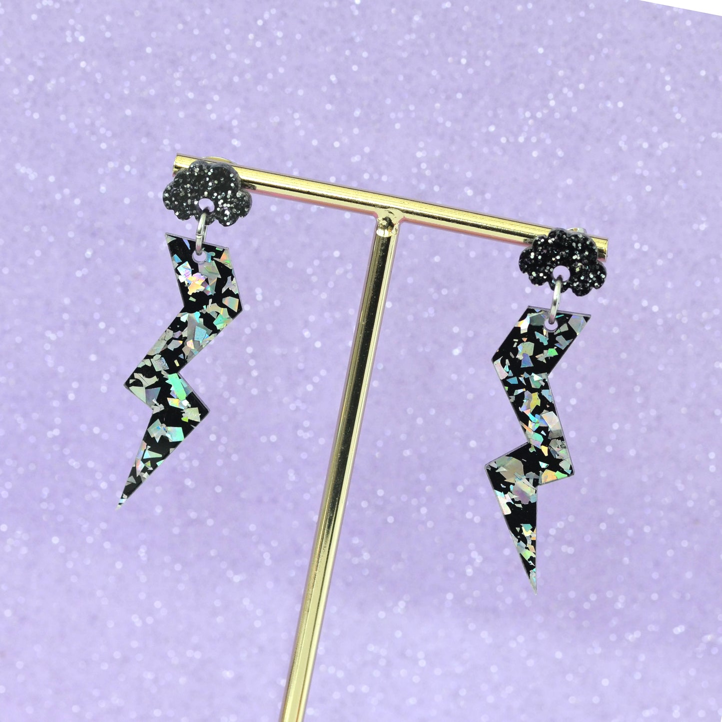 Silver Hologram Disco Confetti & Silver Glitter Acrylic Stormy Cloud Lightning Bolt Dangle Earrings