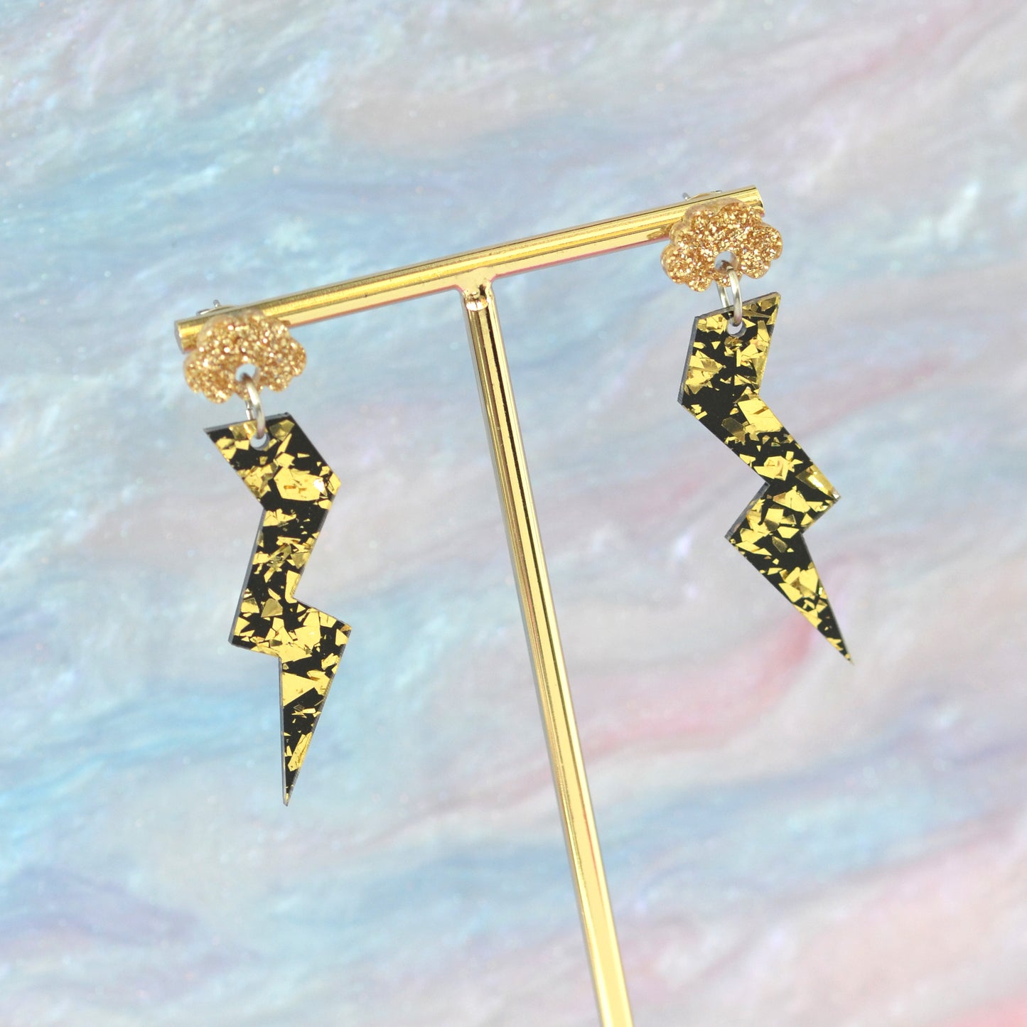 Gold Disco Confetti & Gold Glitter Acrylic Stormy Cloud Lightning Bolt Dangle Earrings