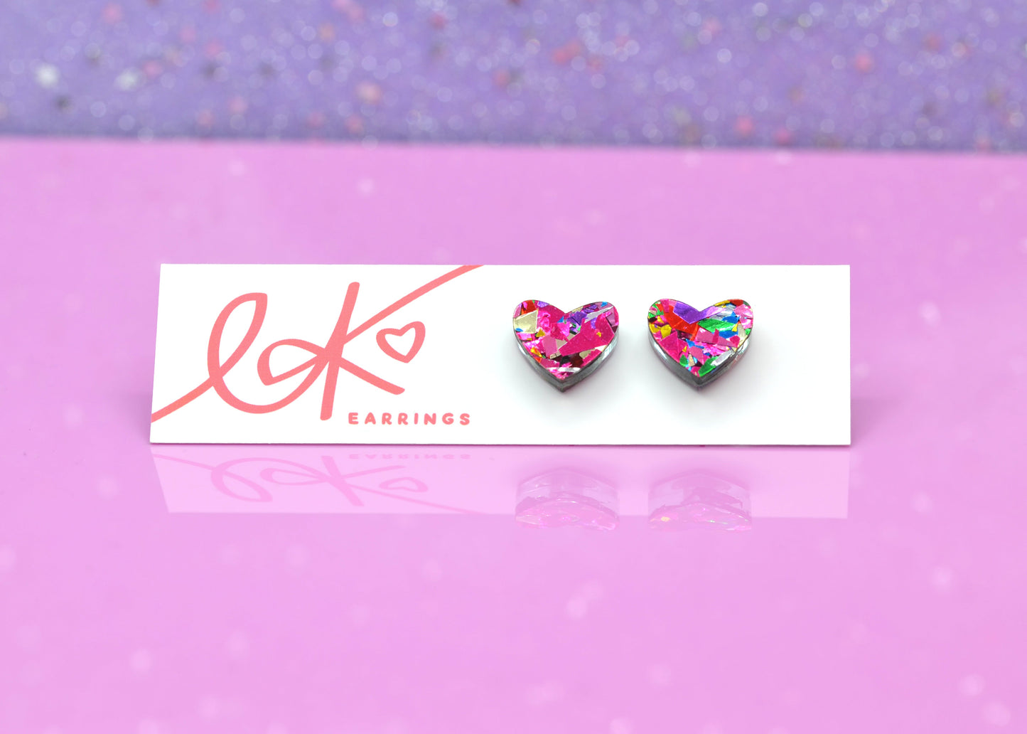Pink Rainbow Festival Confetti Acrylic Heart Stud Earrings