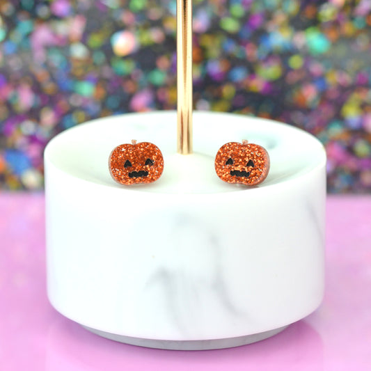 Hand-painted Orange Glitter Acrylic Pumpkin Stud Earrings