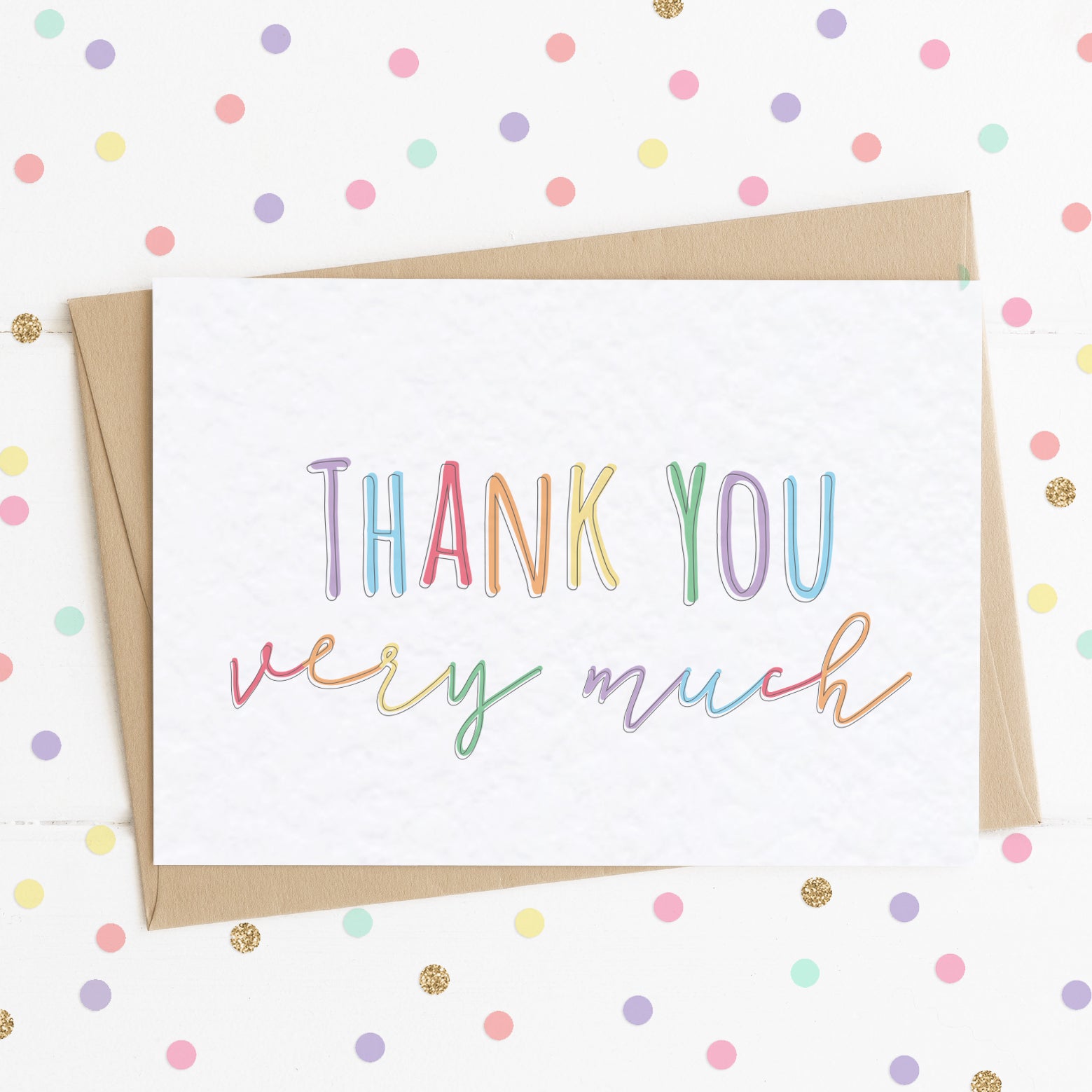 A vibrant thank you card with a colourful rainbow message saying "Thank You Very Much".