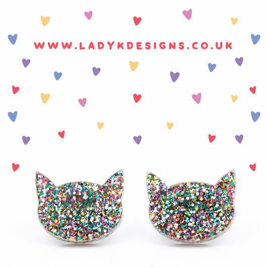 Glitter Acrylic Kitty Cat Earring Studs