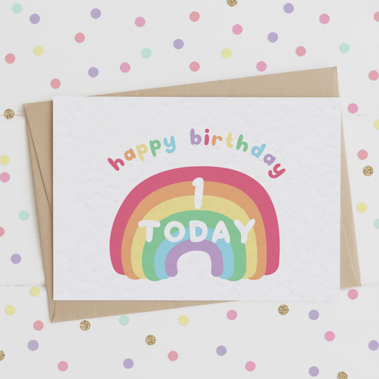 A showcase video of cute birthday cards with smiling happy rainbows on and the message "HAPPY BIRTHDAY" and the milestone age between 1-10.