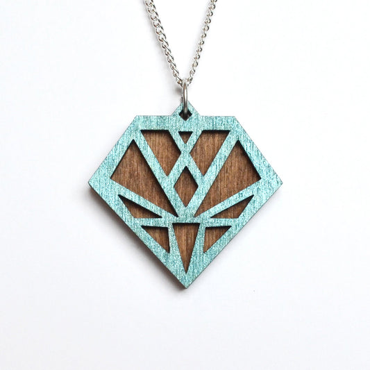 Hand Painted Wooden Diamond Art Deco Geometric Laser Cut Necklace - Medium Style Design 1