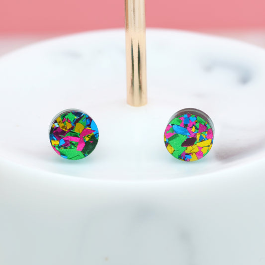 Green Rainbow Festival Confetti Acrylic Round Stud Earrings