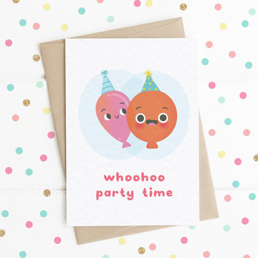 A fun birthday card with two smiling happy balloons with party hats on and the message "Whoohoo Party Time".