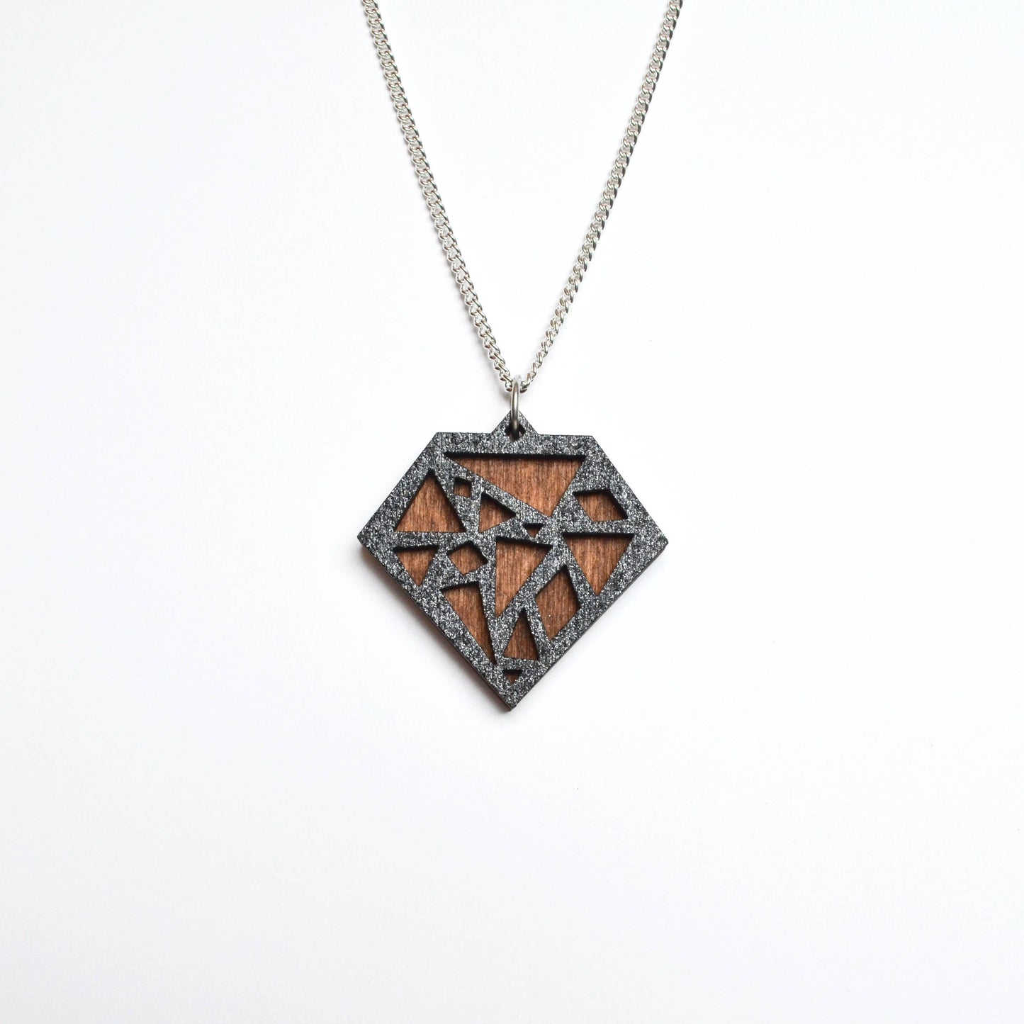 Hand Painted Wooden Art Deco Geometric Diamond Laser Cut Necklace - Medium Style Design 3