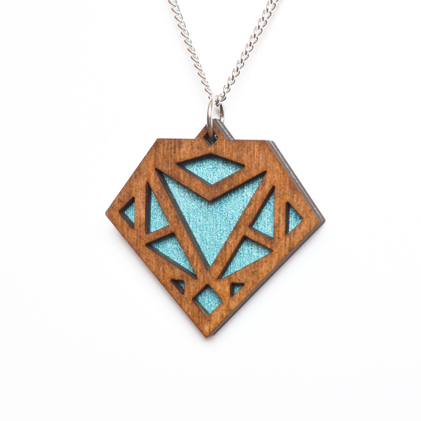 Hand Painted Wooden Art Deco Geometric Diamond Laser Cut Necklace - Medium Style Design 2