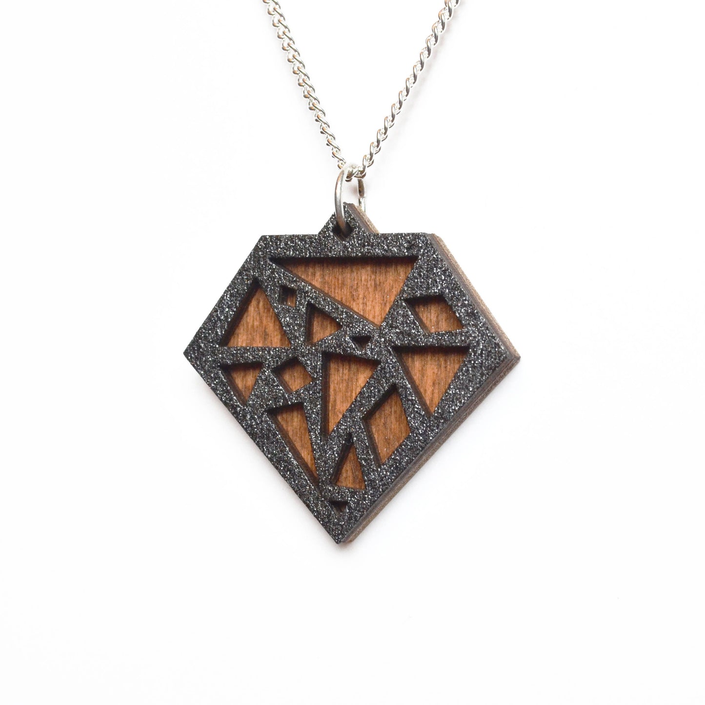Hand Painted Wooden Art Deco Geometric Diamond Laser Cut Necklace - Medium Style Design 3