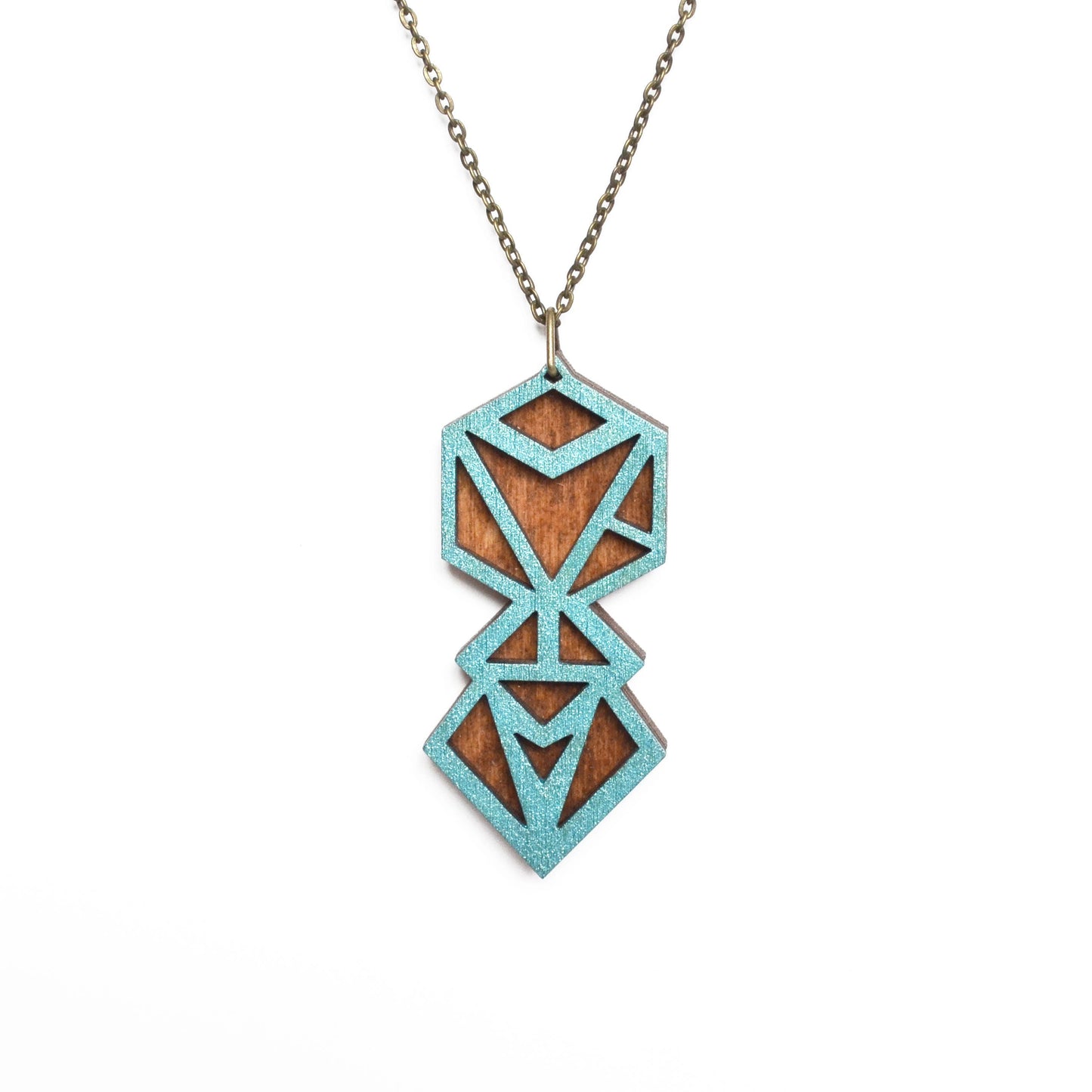Hand Painted Wooden Art Deco Geometric Laser Cut Necklace - Large Style Design 2