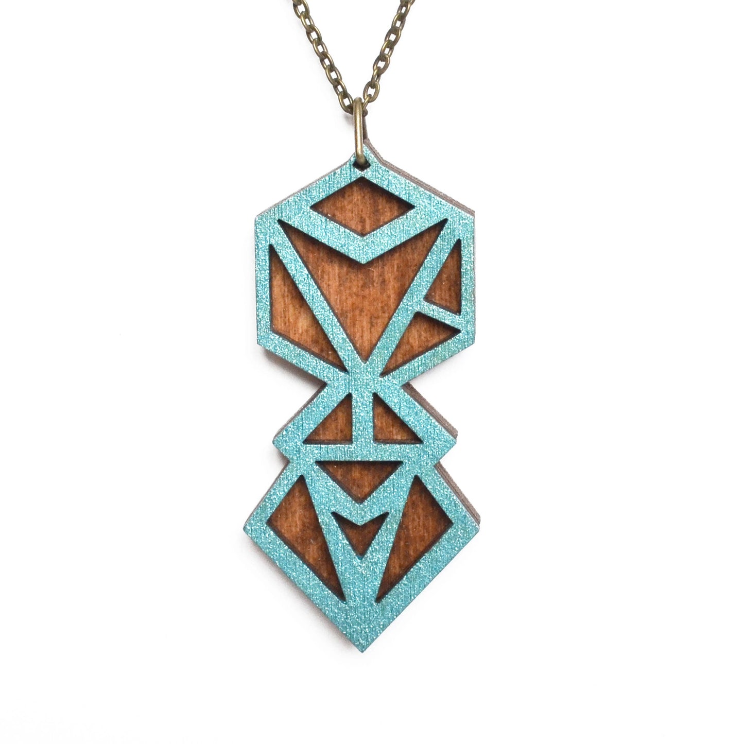 Hand Painted Wooden Art Deco Geometric Laser Cut Necklace - Large Style Design 2