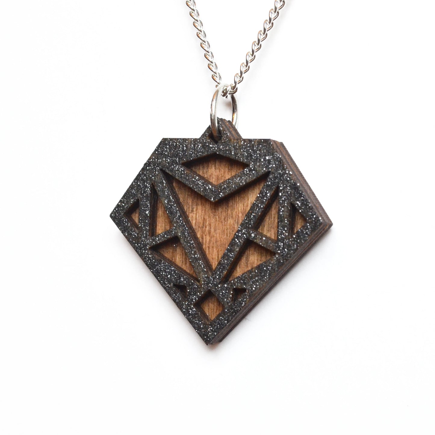Hand Painted Wooden Diamond Art Deco Geometric Laser Cut Necklace - Small Style Design 1