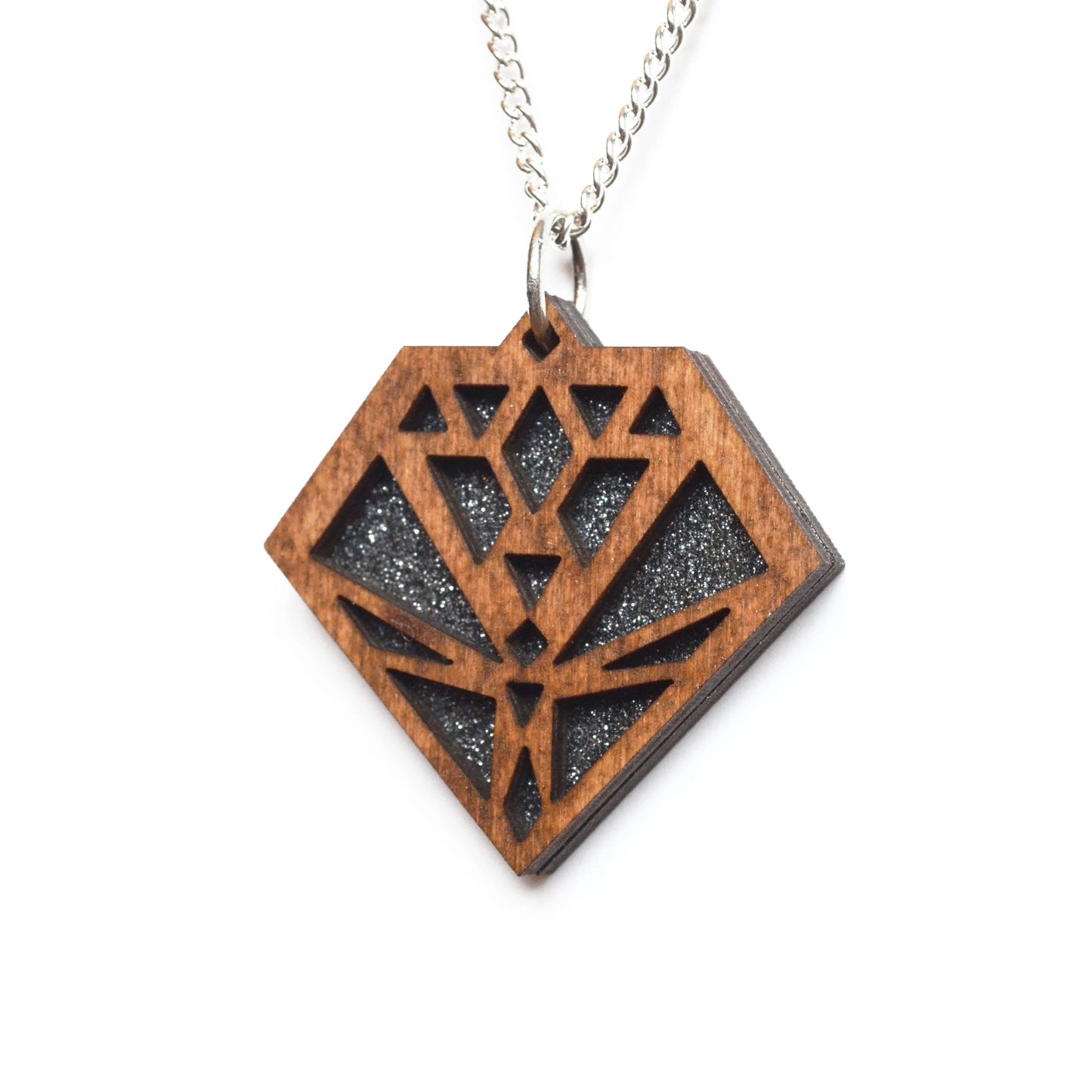 Hand Painted Wooden Art Deco Geometric Laser Cut Necklace - Small Style Design 4
